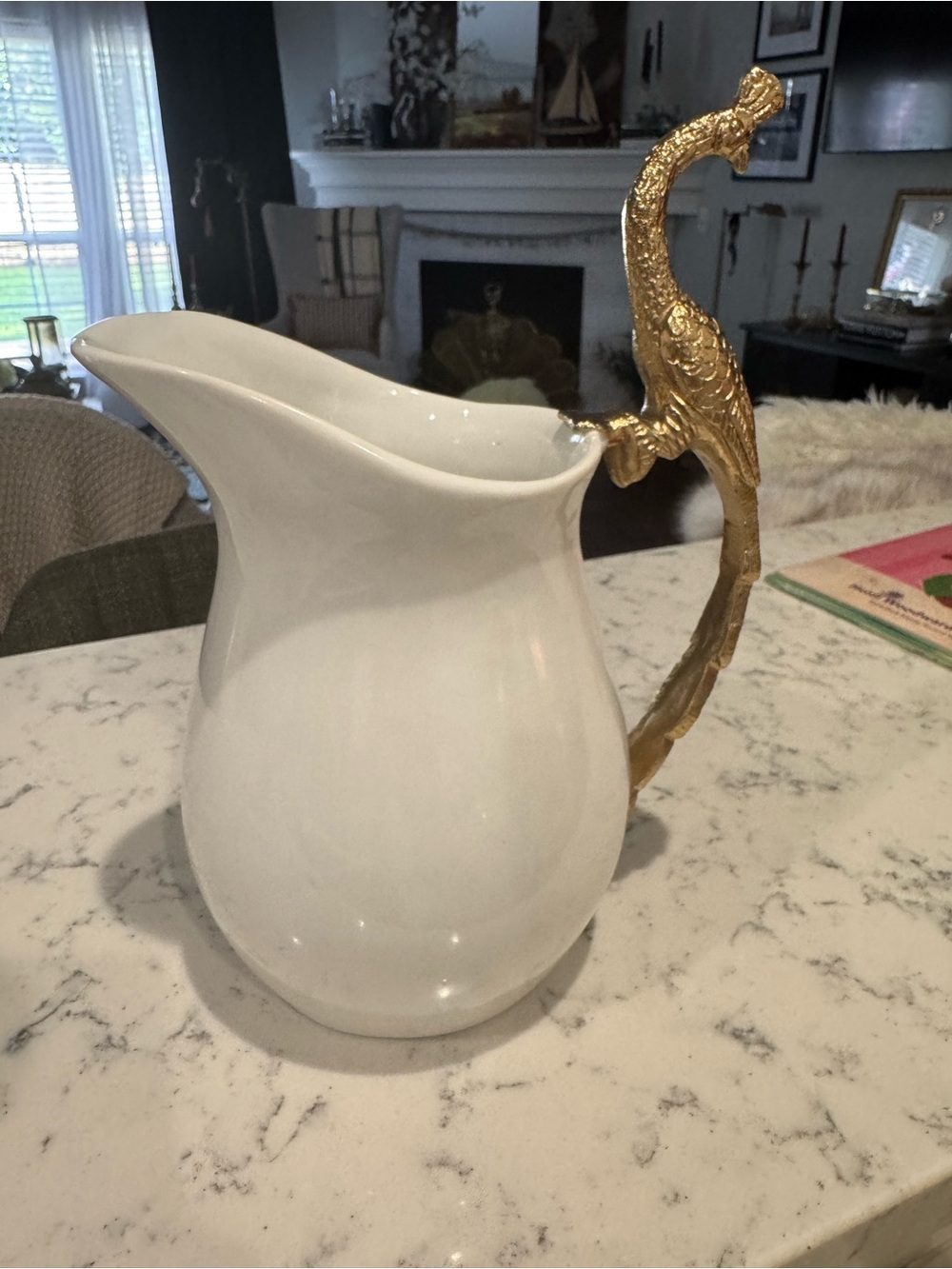 White Ceramic Pitcher with Ornate Gold Bird Handle